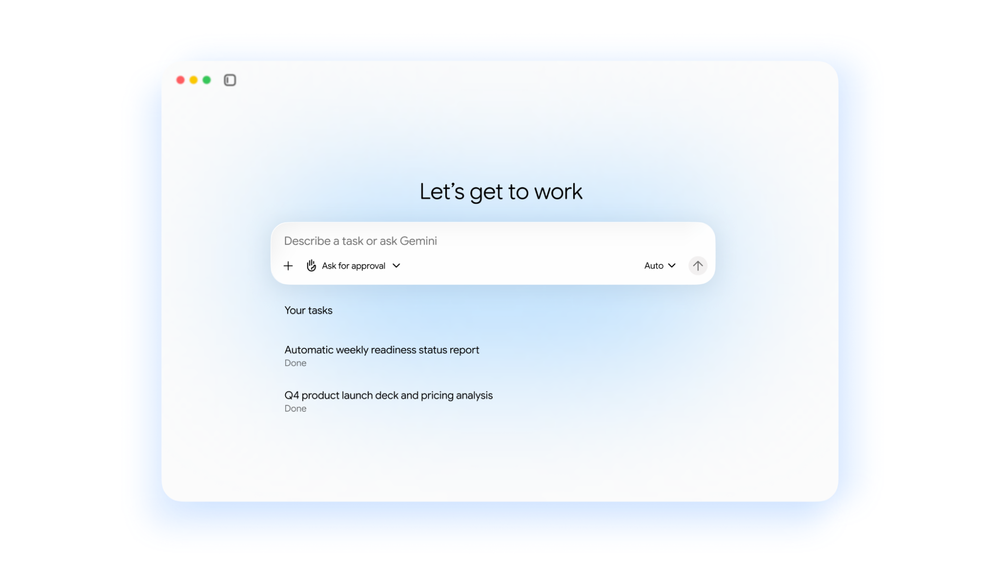 Google 官方展示的 Gemini 企业智能体任务界面,包含审批选项和任务列表