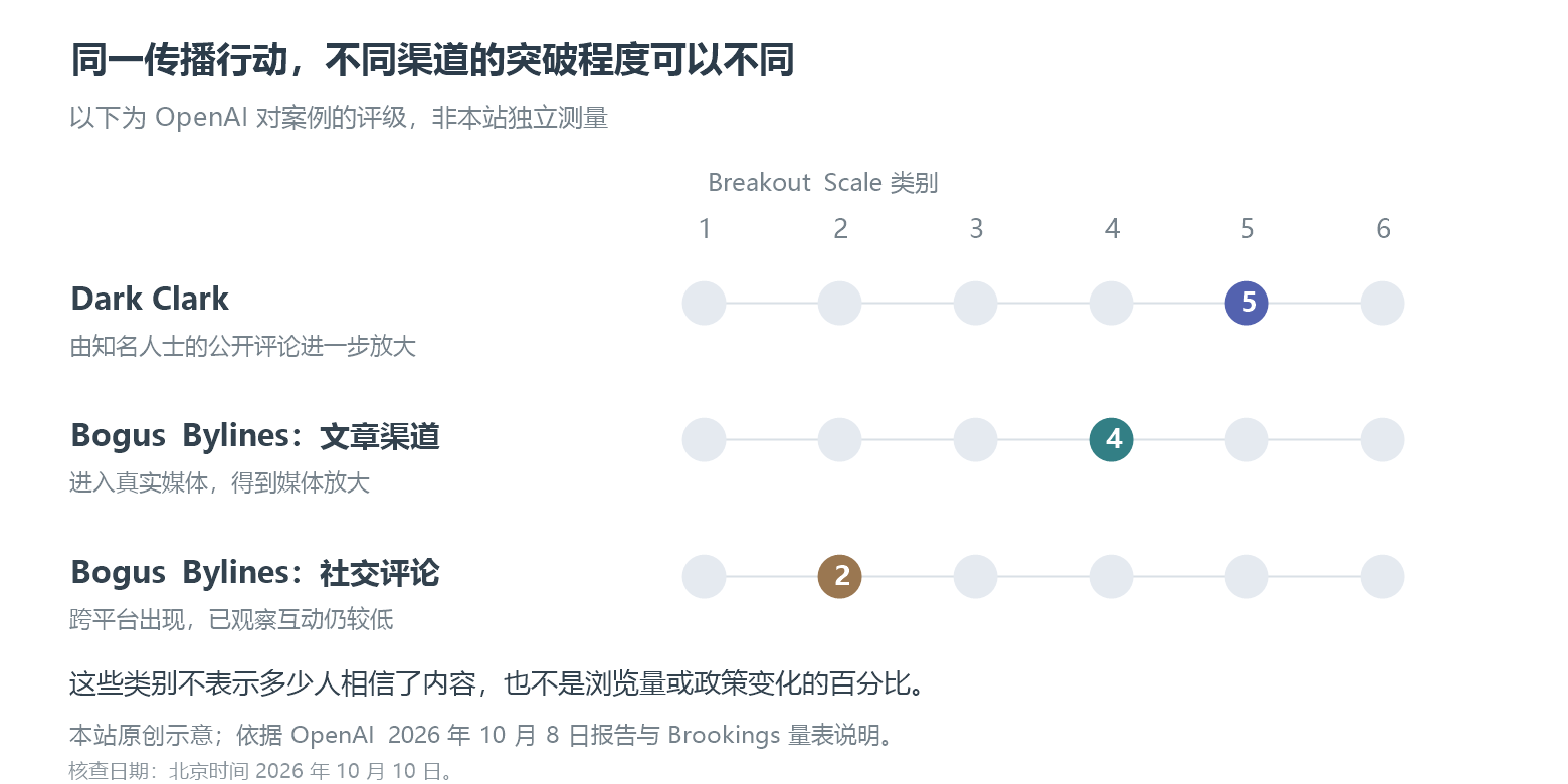 OpenAI 对 Dark Clark 与 Bogus Bylines 不同渠道的传播突破等级示意